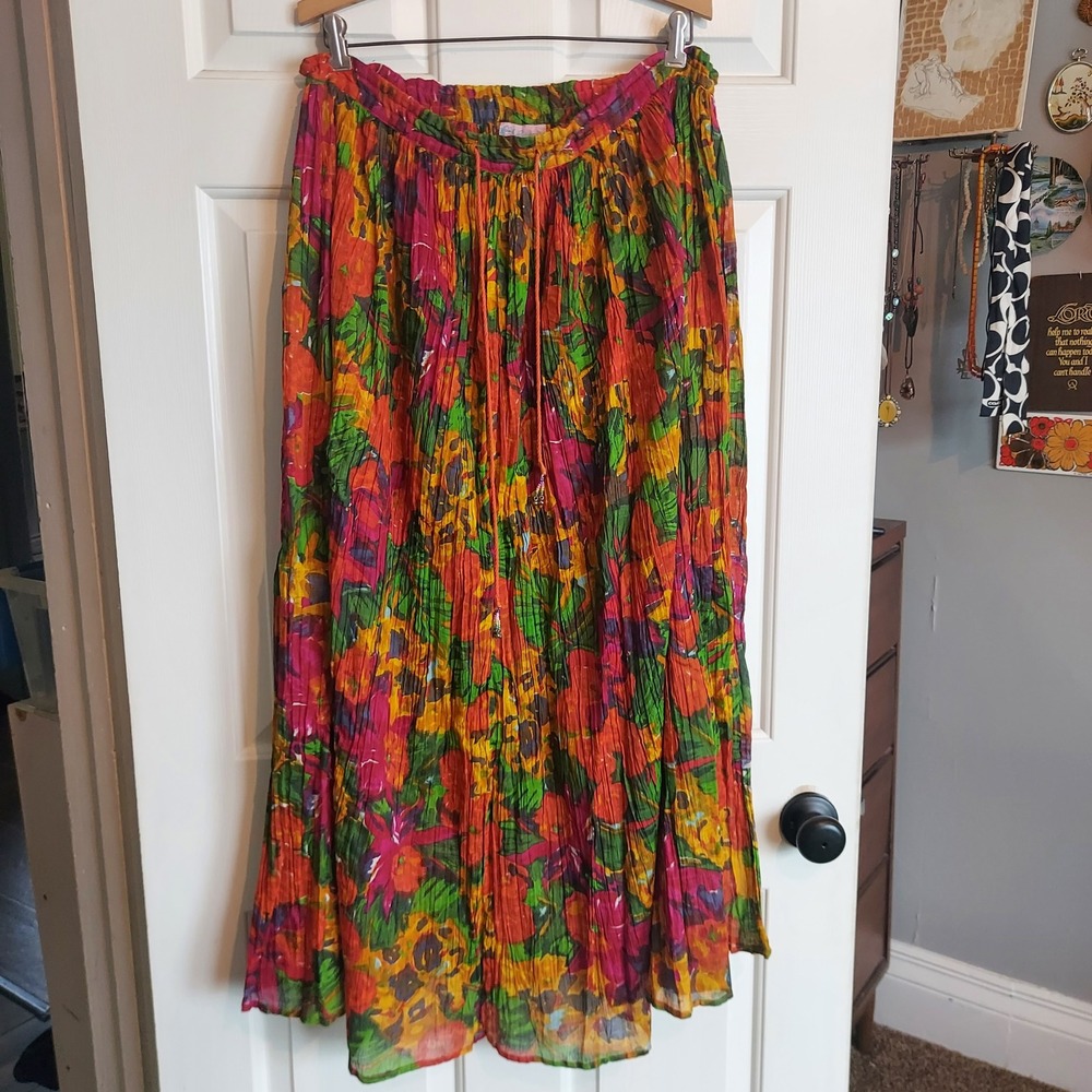 Baani's Womens Large Floral Cotton Crinkle Maxi Skirt Boho Beaded Tassel India